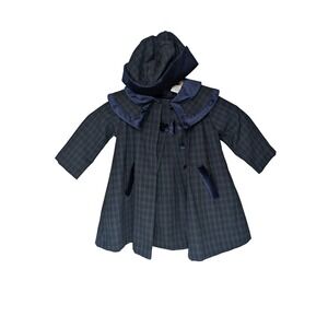 Little Billy 18M Black Watch Plaid Dress Coat Bonnet 3pc Set Navy Green Velvet